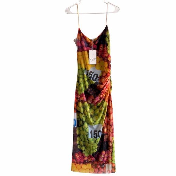 Zara Fruit Stand Print Mesh Ruched Blogger Travel Photoshoot Maxi Dress M NWT - Picture 3 of 8